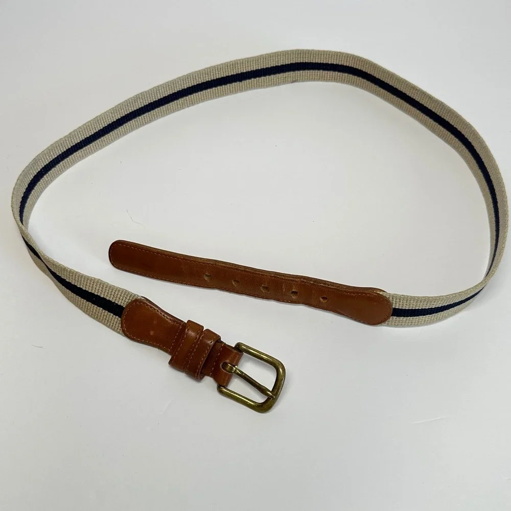 Coach‎ Belt Mens 36 Beige Navy Linen Leather Vintage 3830 Preppy Striped